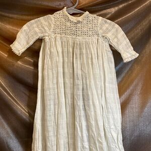 Vintage cream long‎ christening linen gown with extra fabric in the hem.  Box A